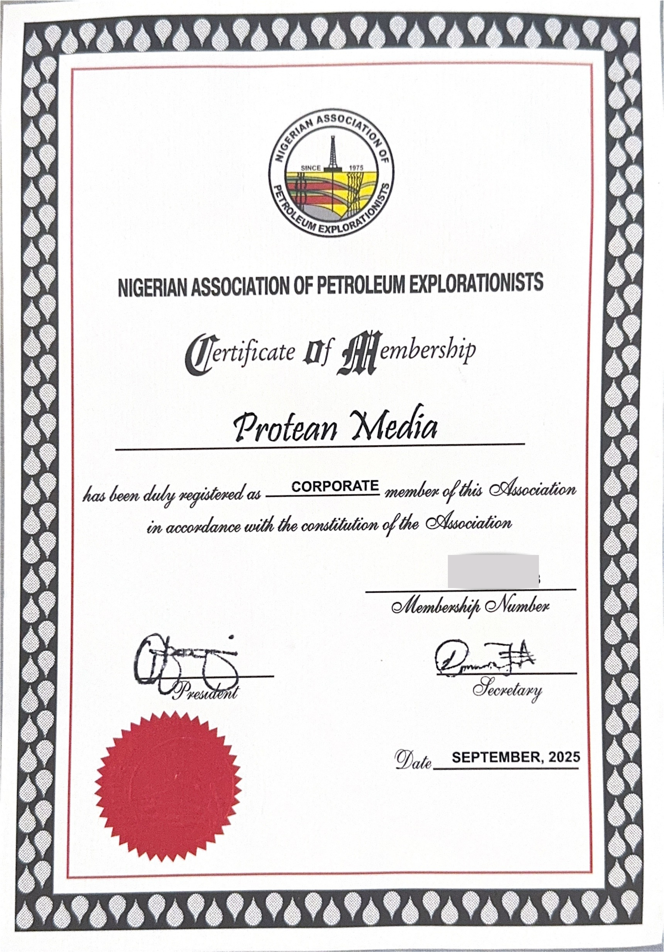 Nigerian Association of Petroleum Explorationists certificate of membership issued to Protean Media